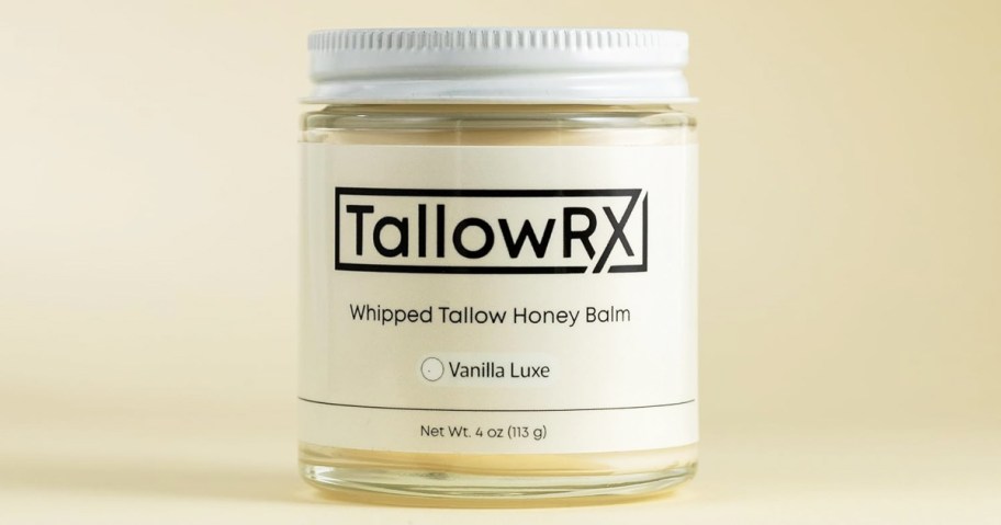 glass jar of TallowRX Whipped Tallow Honey Balm with white lid