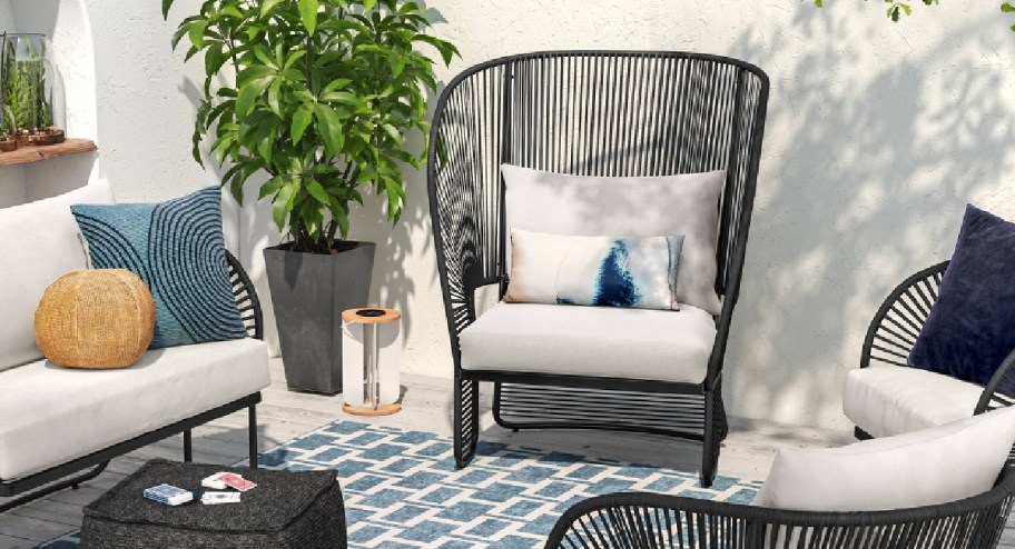 armless statement chair displayed on a rug 