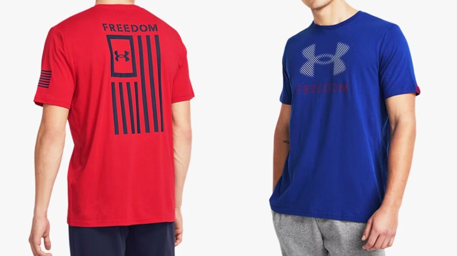 two men in red and blue under armour shirts