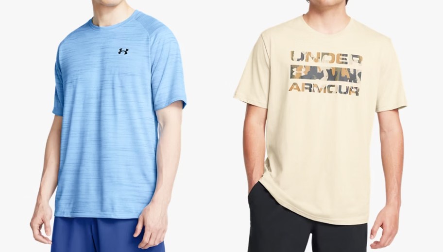 two men in blue and tan under armour shirts