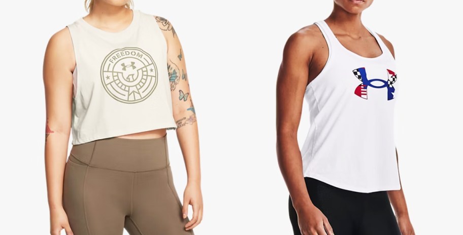 two women in white freedom tank tops