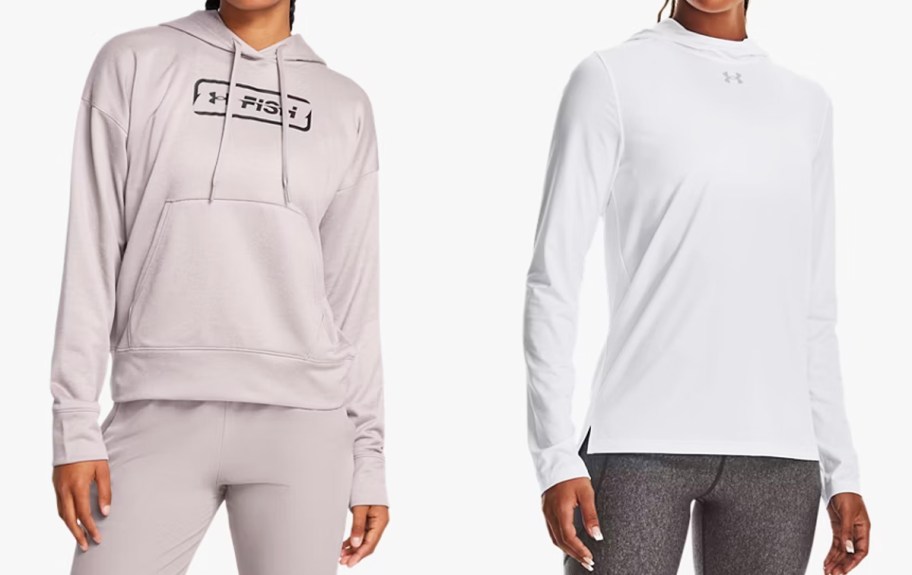 two women in light pink and white under armour hoodies