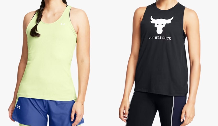 two women in green and black tank tops