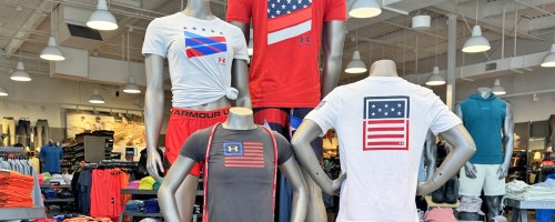 mannequins wearing under armour flag shirts in store
