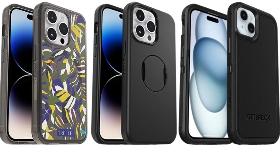 the front and back of 3 smart phones with an Otterbox protective case