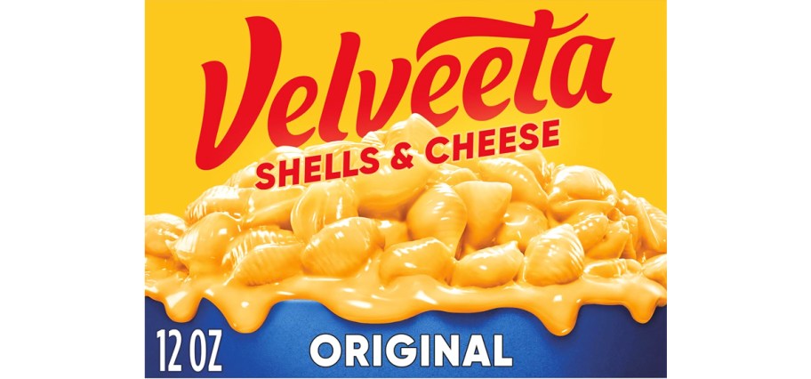 orange and blue box of Velveeta Shells & Cheese