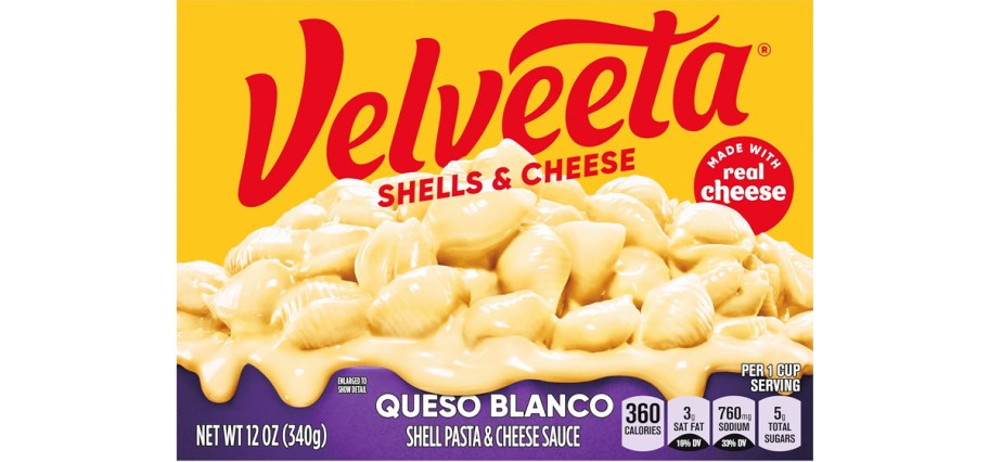 yellow box of Velveeta Shells & Cheese in Queso Blanco flavor
