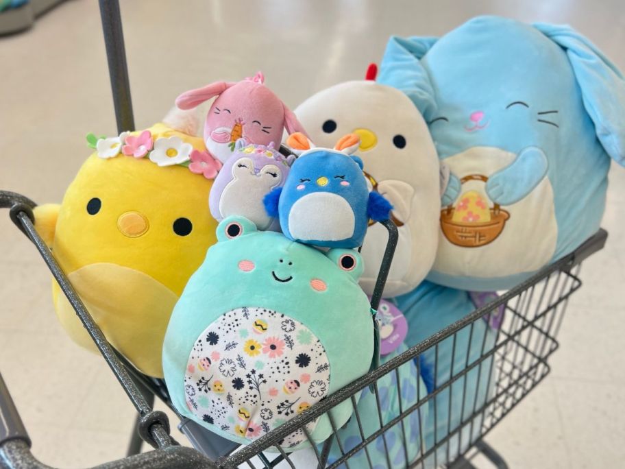 A walgreens shopping cart filled with squishmallows