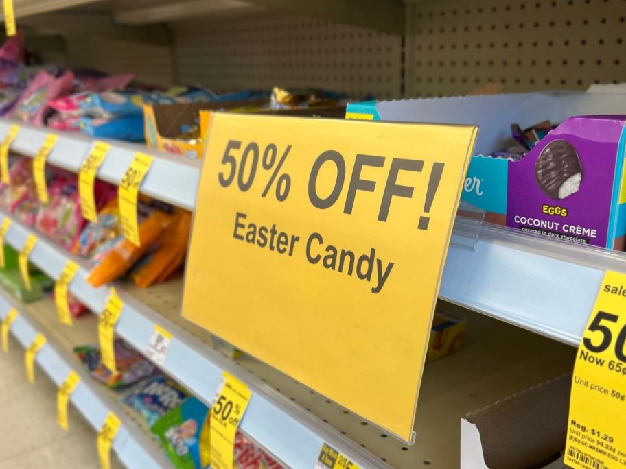 Easter Candy with signs for 50% off