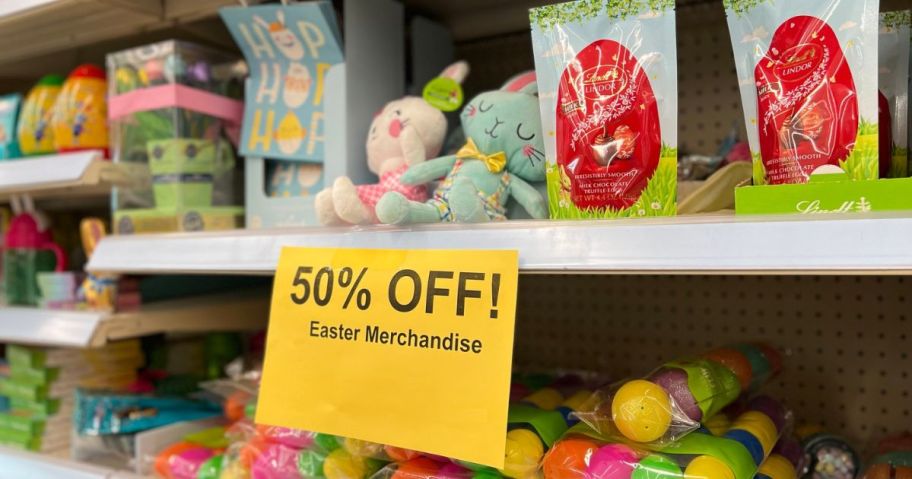 Walgreens Easter items with sign for 50% off