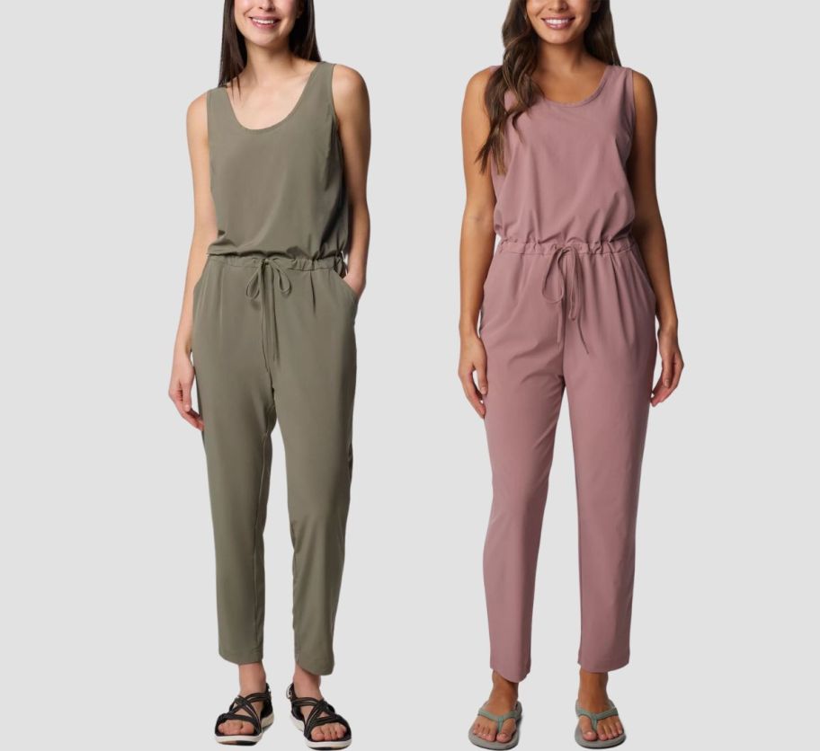 two women wearing columbia jumpsuits