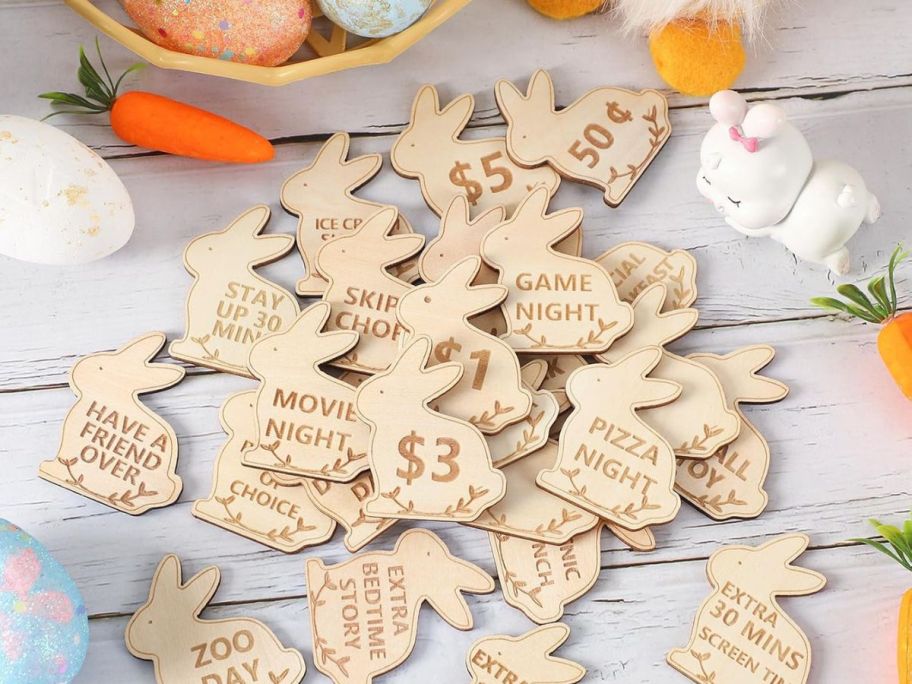 Wooden Easter tokens in the shape of bunnies