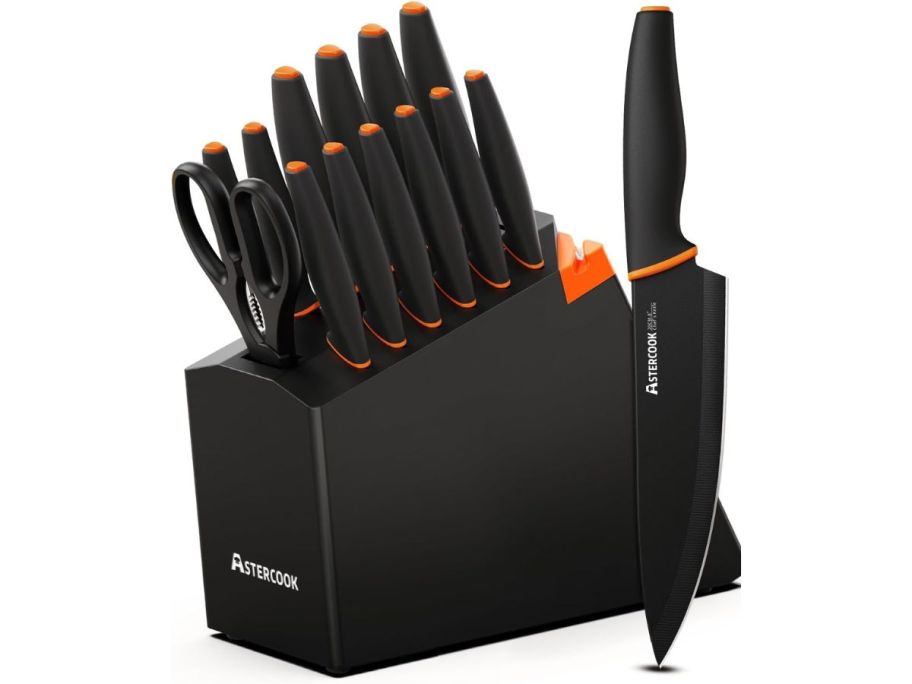 black and orange Astercook 15-Piece Stainless Steel Black Knife Set stock image with one knife standing up next to it