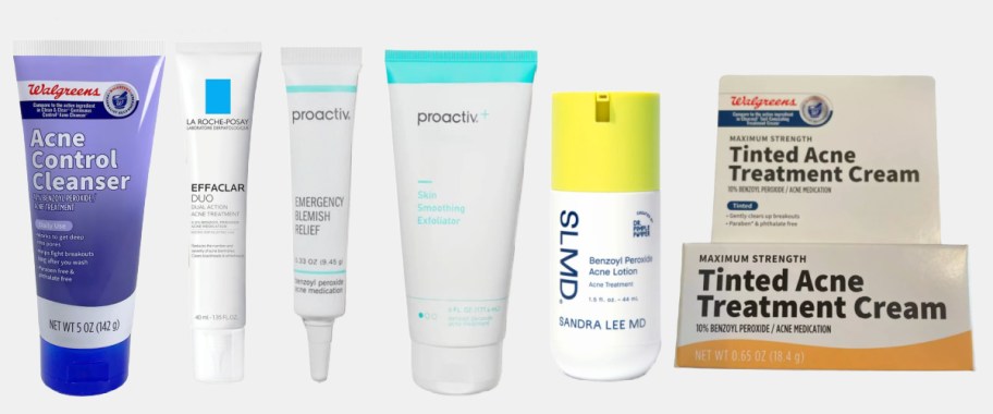 face washes and acne treatments in a row