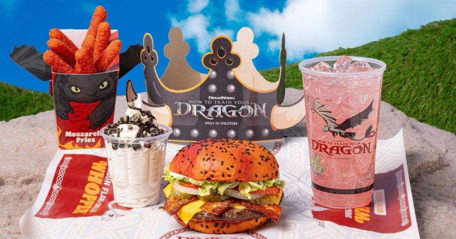 Burger King’s How To Train Your Dragon Dragon Flame-Grilled Whopper, Fiery Dragon Mozzarella Fries, Soaring Strawberry Lemonade, and Viking’s Chocolate Sundae on burger king wrapper