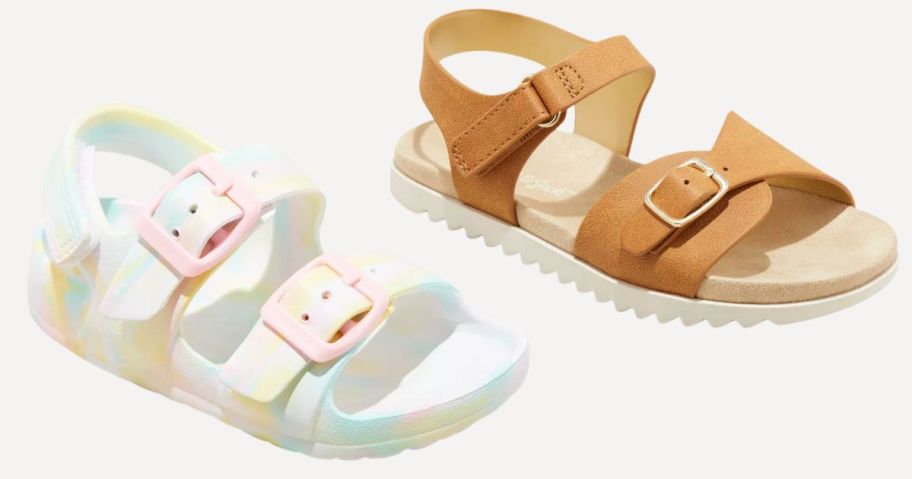 two pairs of cat & jack sandals in multi colored and brown