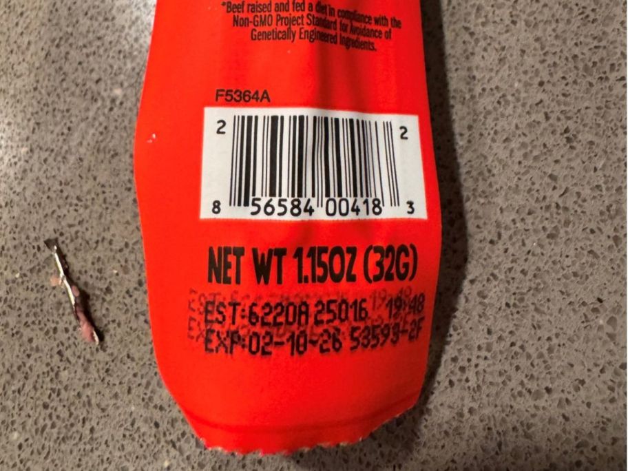 chomps beef stick page close up with lot numbers and expiration date