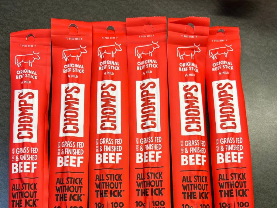 chomps beef sticks on counter