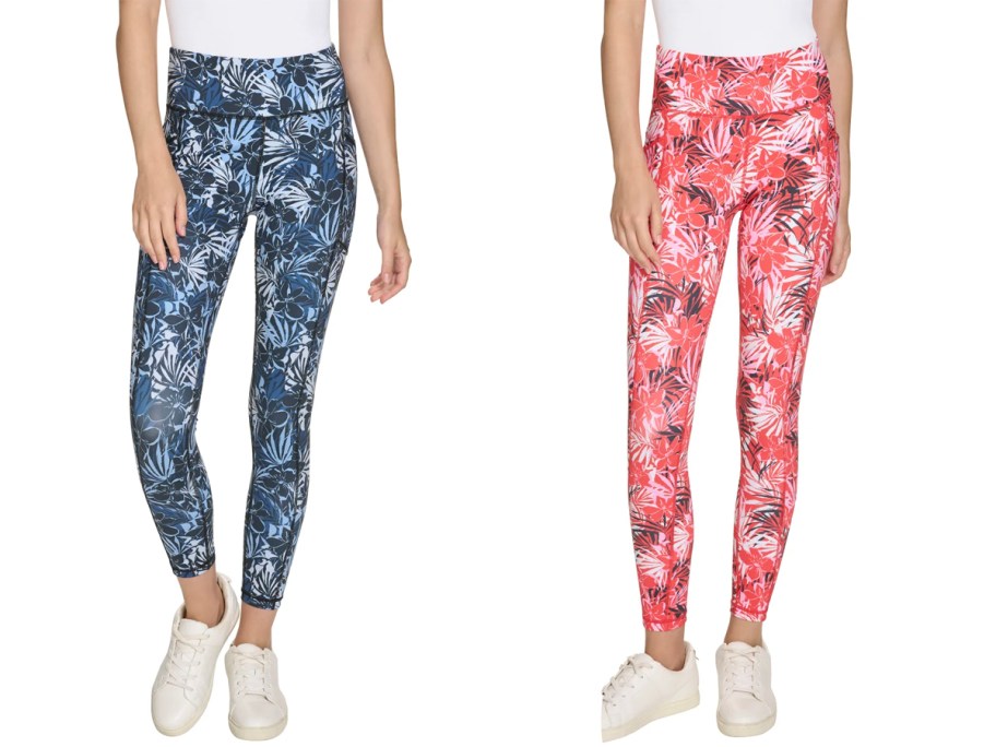 two women wearing blue and pink floral leggings 