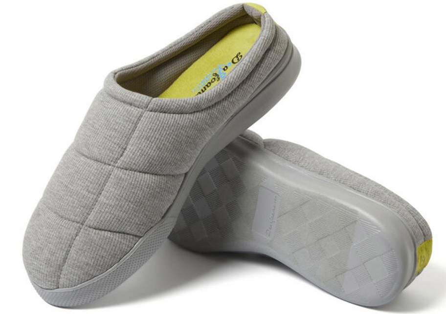 pair of gray slip on slippers 