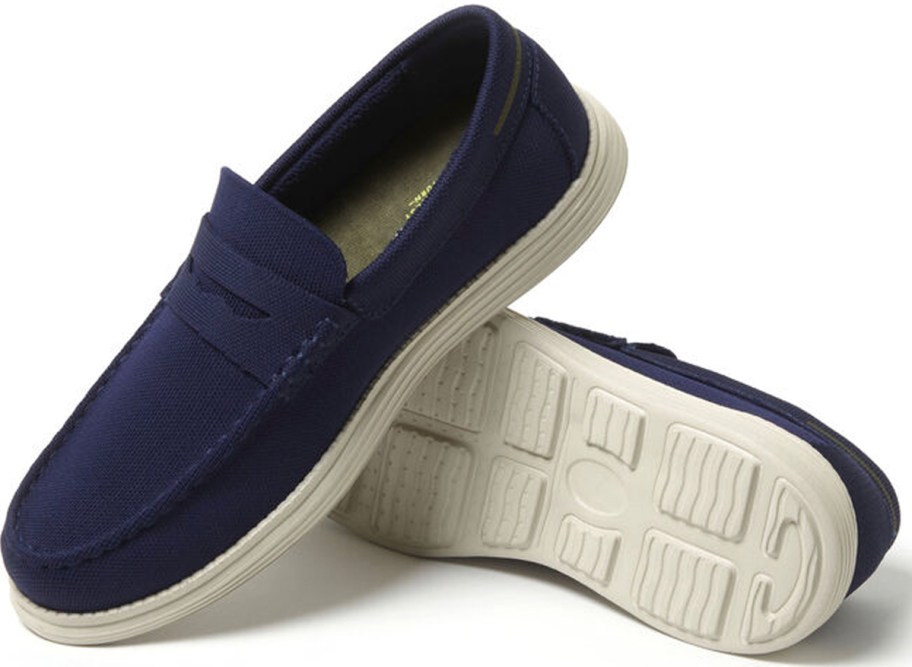 pair of navy blue slip on shoes 