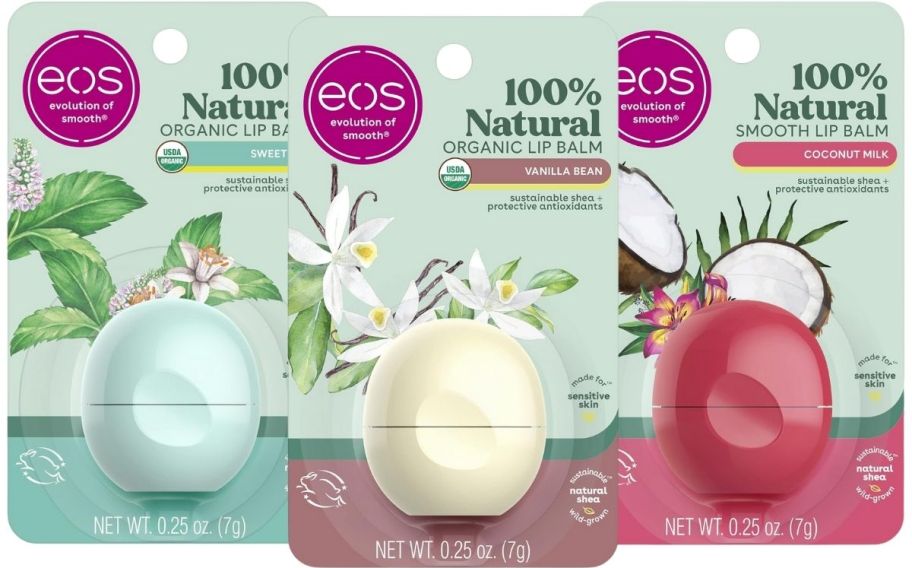 lip balm spheres in mint, vanilla and coconut
