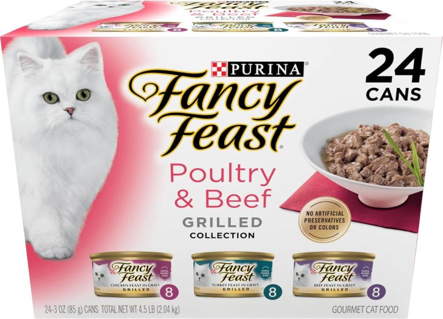 a 24 can variety pack of fancy feast beef and poultry cat food