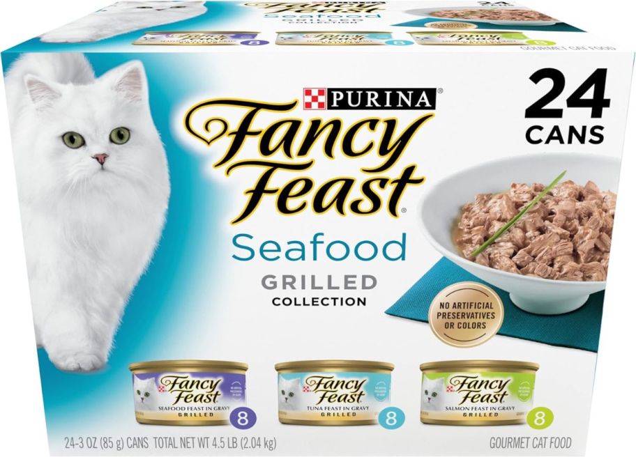 a 24 can variety pack of fancy feast seafood cat food