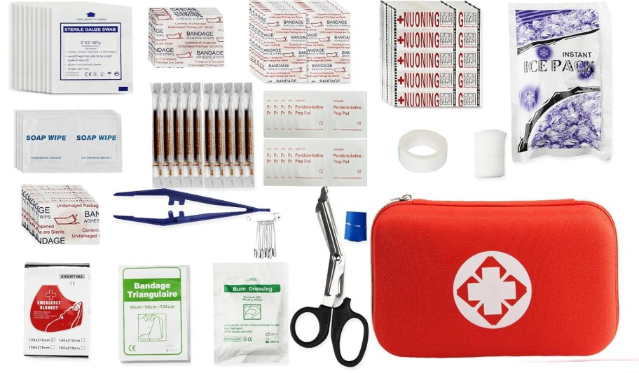 items from first aid kit with a red case