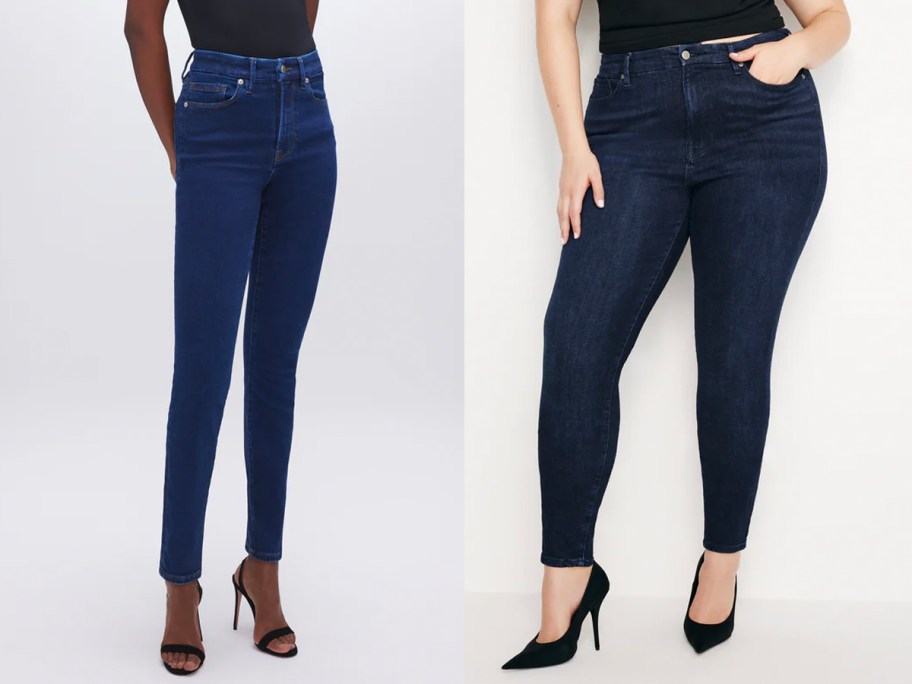 two women wearing blue jeans 