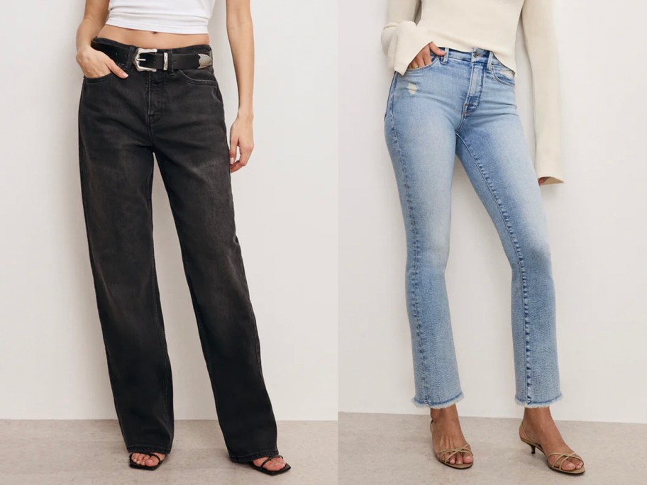 two women wearing black and blue jeans 