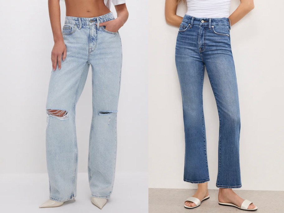 two women wearing blue jeans