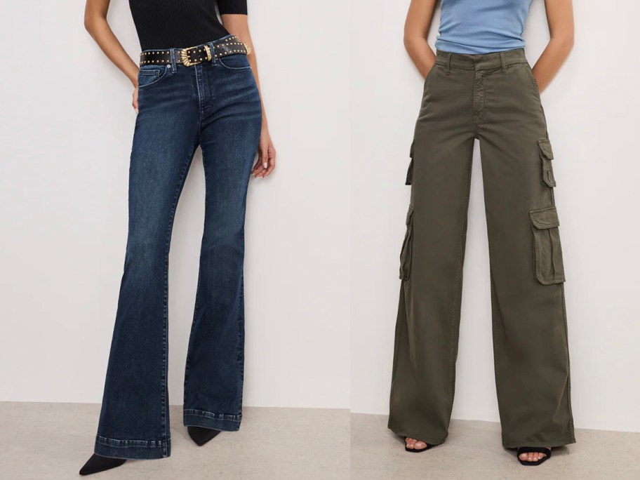 two women wearing blue and green jeans 