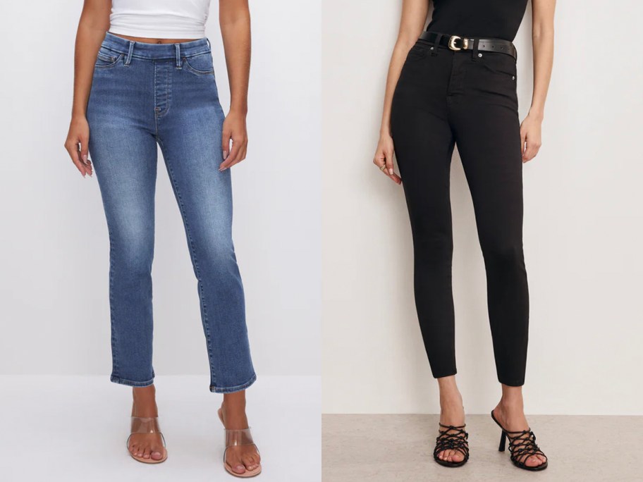 two women wearing blue and black jeans