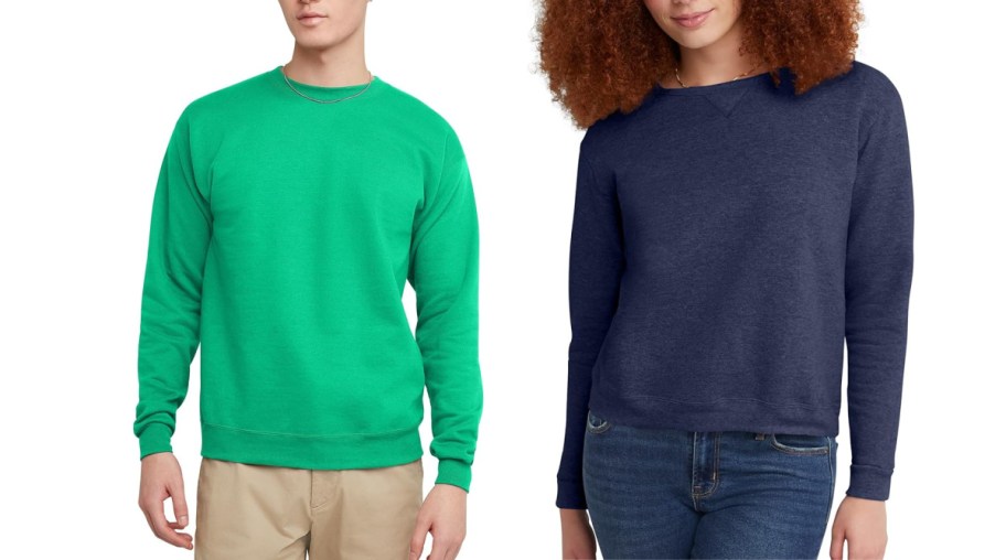 man and women wearing green and blue sweatshirts