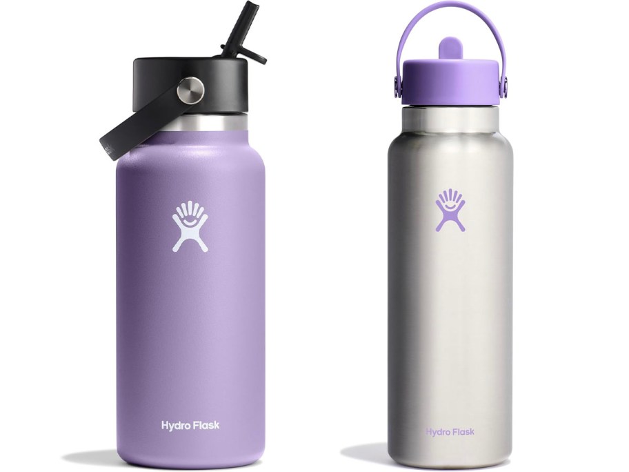 purple and stainless steel bottles 