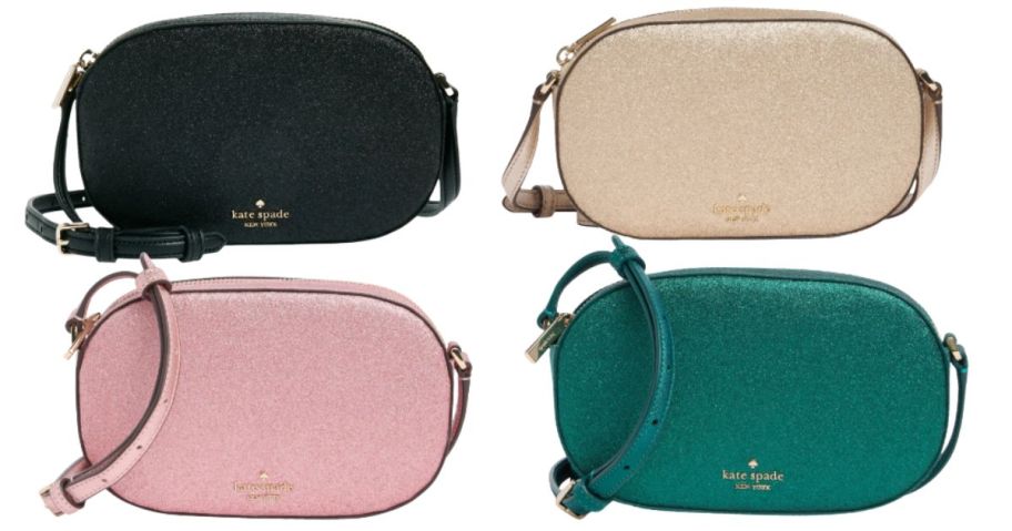 black, pink, teal, and gold Kate Spade New York Glimmer Oval Camera Bag stock images