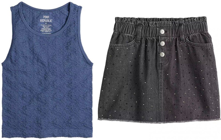 girls blue tank top and black skirt