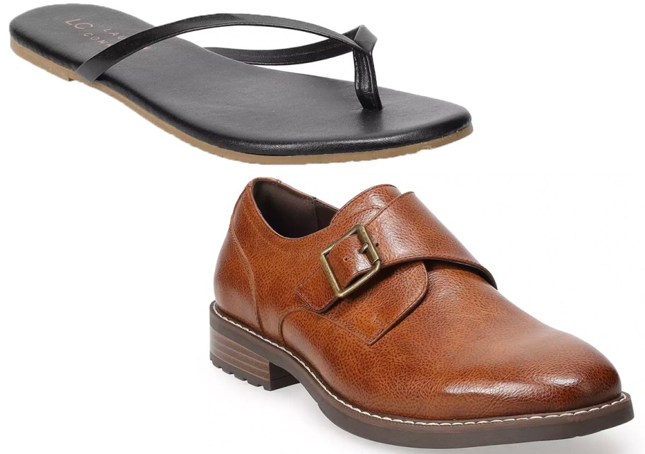 black sandal and brown leather shoe