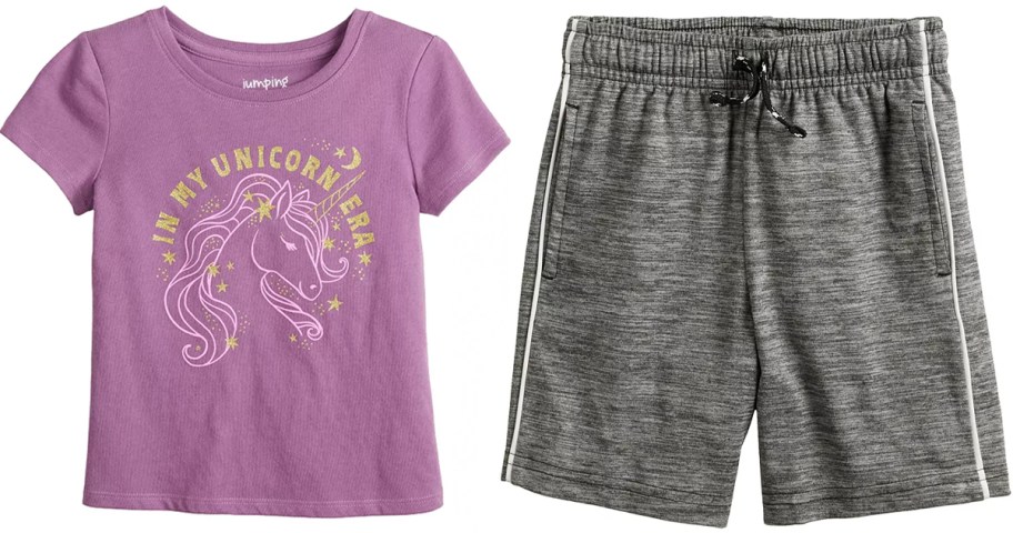 unicorn purple top and gray shorts 