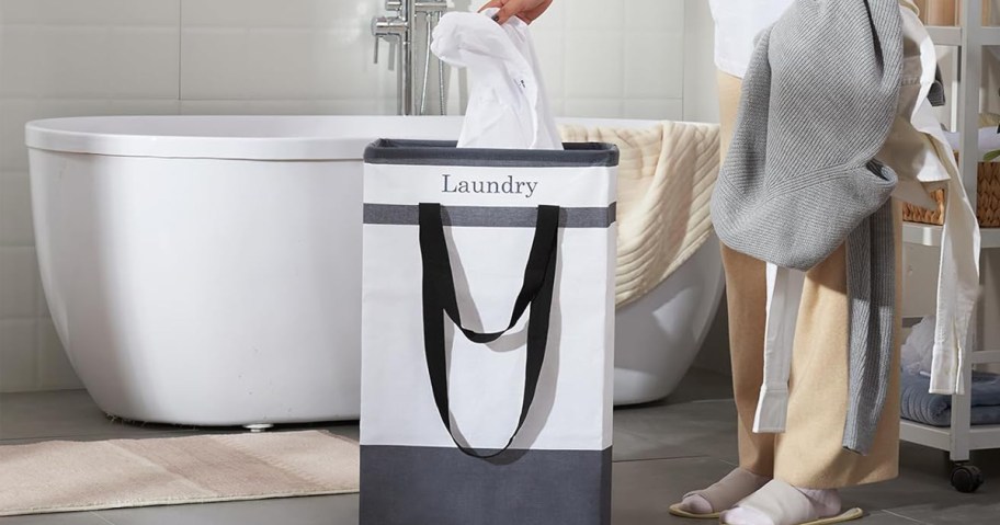 collapsible laundry hamper in laundry room