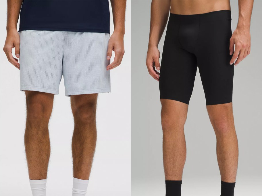 two men wearing gray and black shorts 