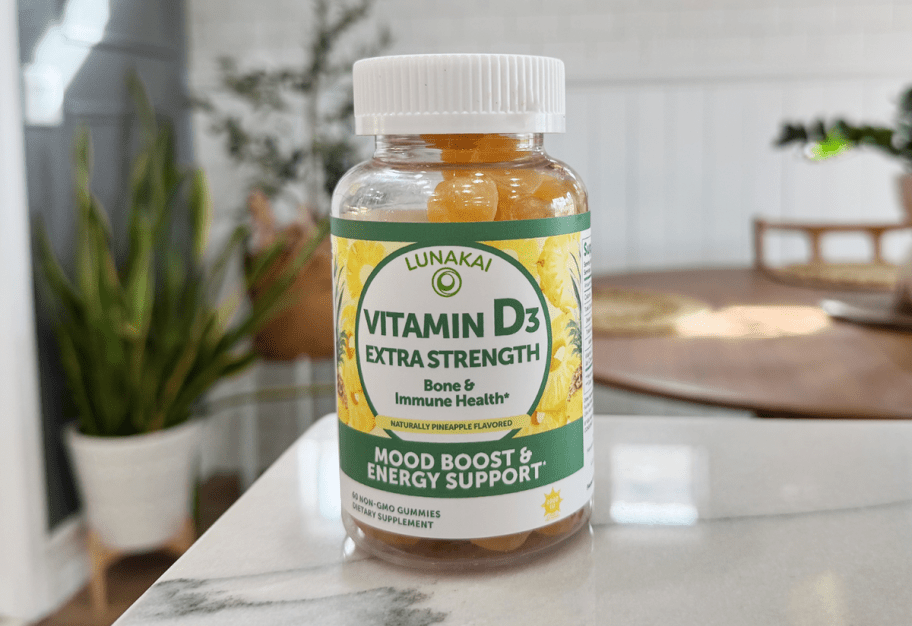 bottle of D3 gummies on counter