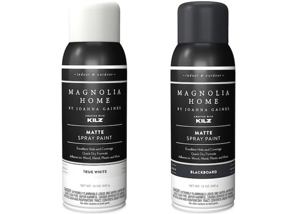 magnolia homes white and black spray paint bottles
