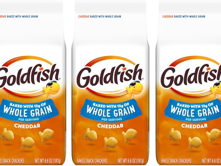 Stock images of 3 bags of Pepperidge Farms Cheddar Goldfish Crackers Baked w/ Whole Grain