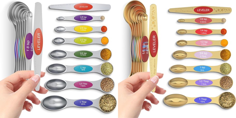 two sets of gold and silver colorful measuring spoon sets side by side