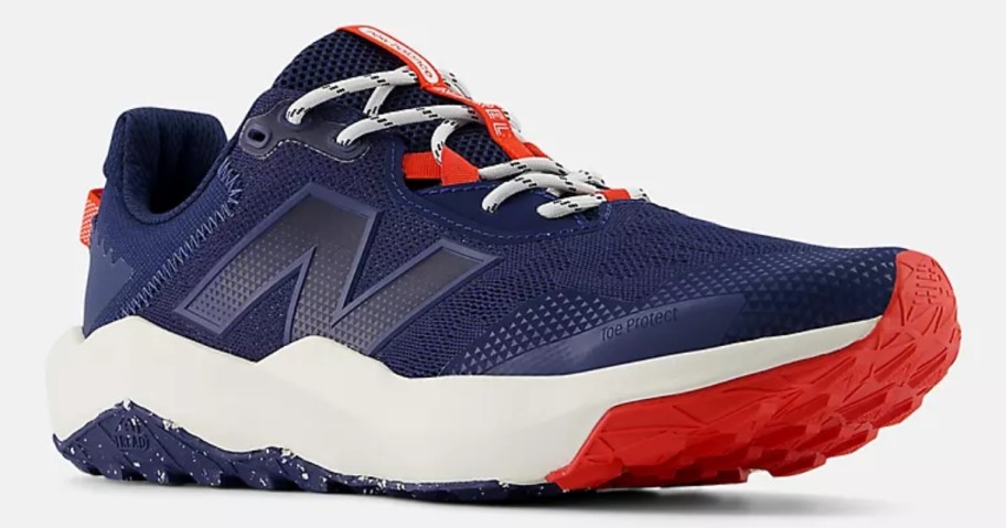 a blue, white and orange men's New Balance shoe