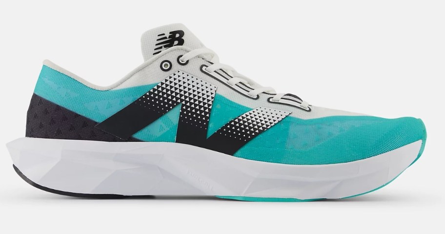 a white, teal blue, and black men's New Balance shoe