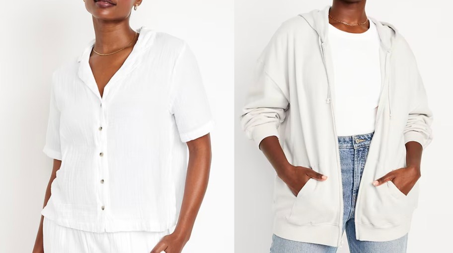 two women wearing white shirt and zip hoodie 