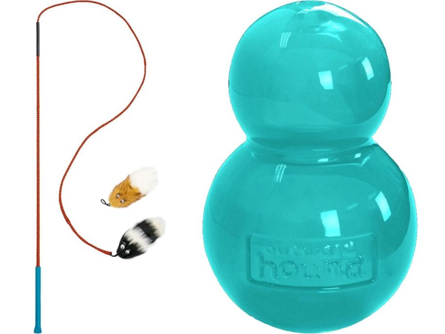 a Outward Hound Tailer Teaser Dog Wand Toy and a Double-Tuff Interactive Treat-Dispensing Dog Toy stock image